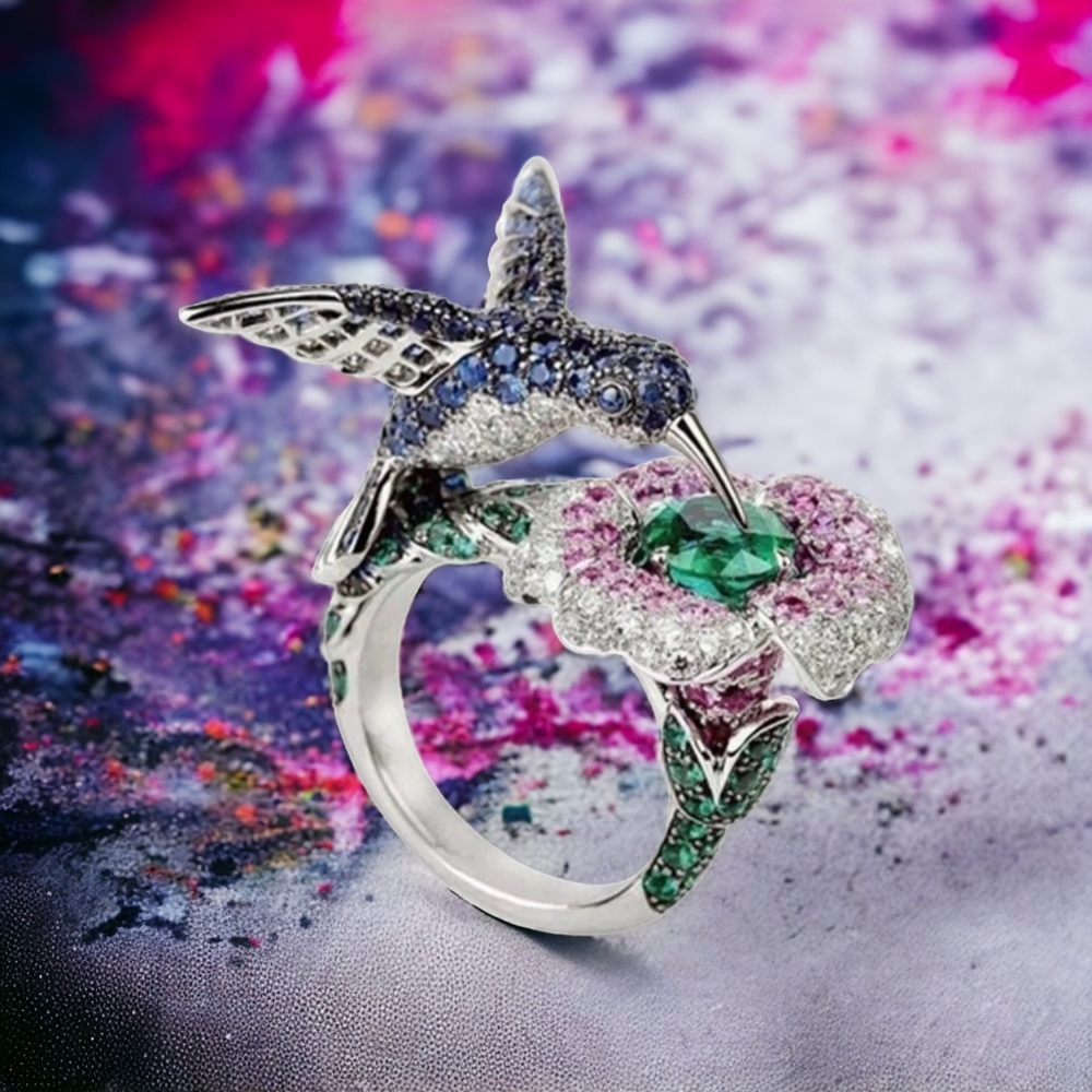 Stunning Crystal Hummingbird Heirloom Ring